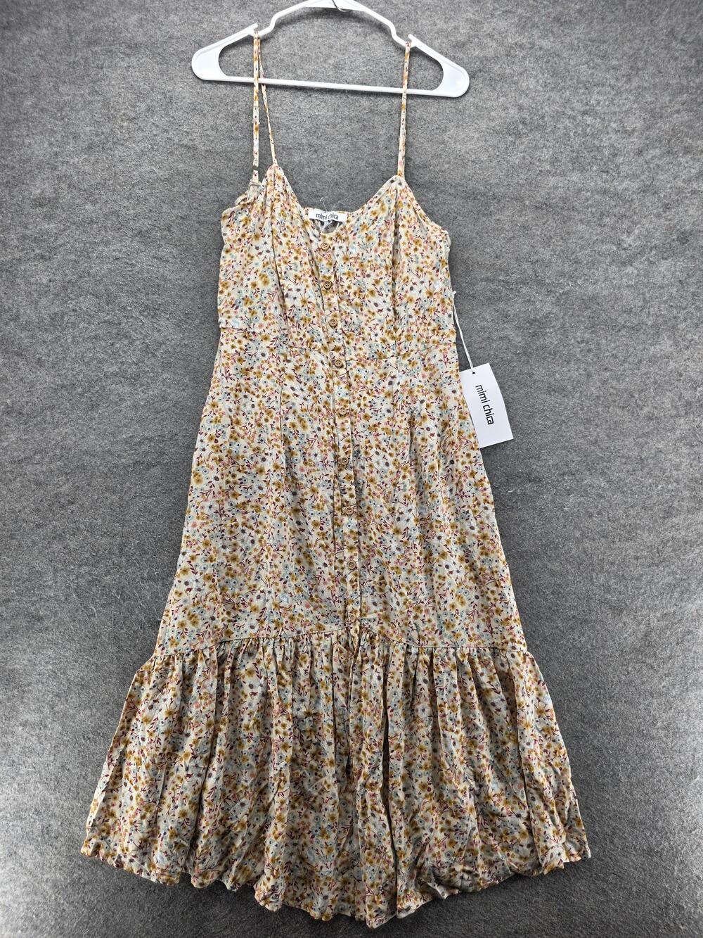 Mimi Chica Dress Womens XL Floral Ruffle Midi Button Front Spaghetti Strap Boho